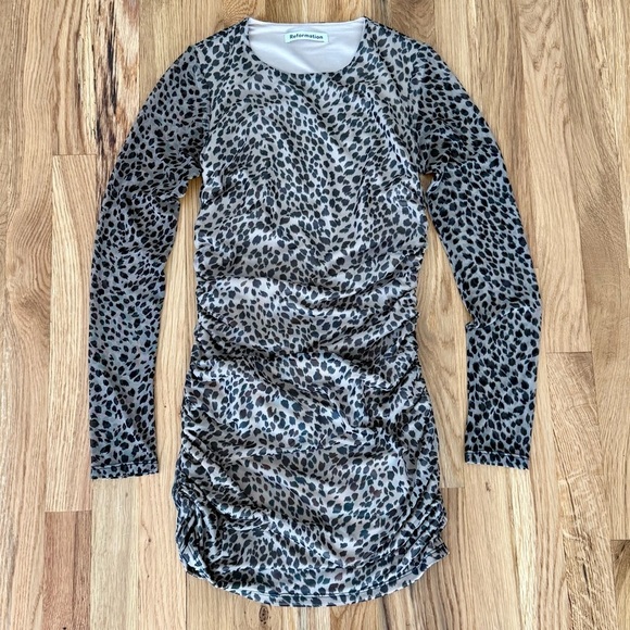 Reformation Leopard Sheer Sleeves Tomas Long Sleeve Mini Dress Sz XS - Picture 2 of 7